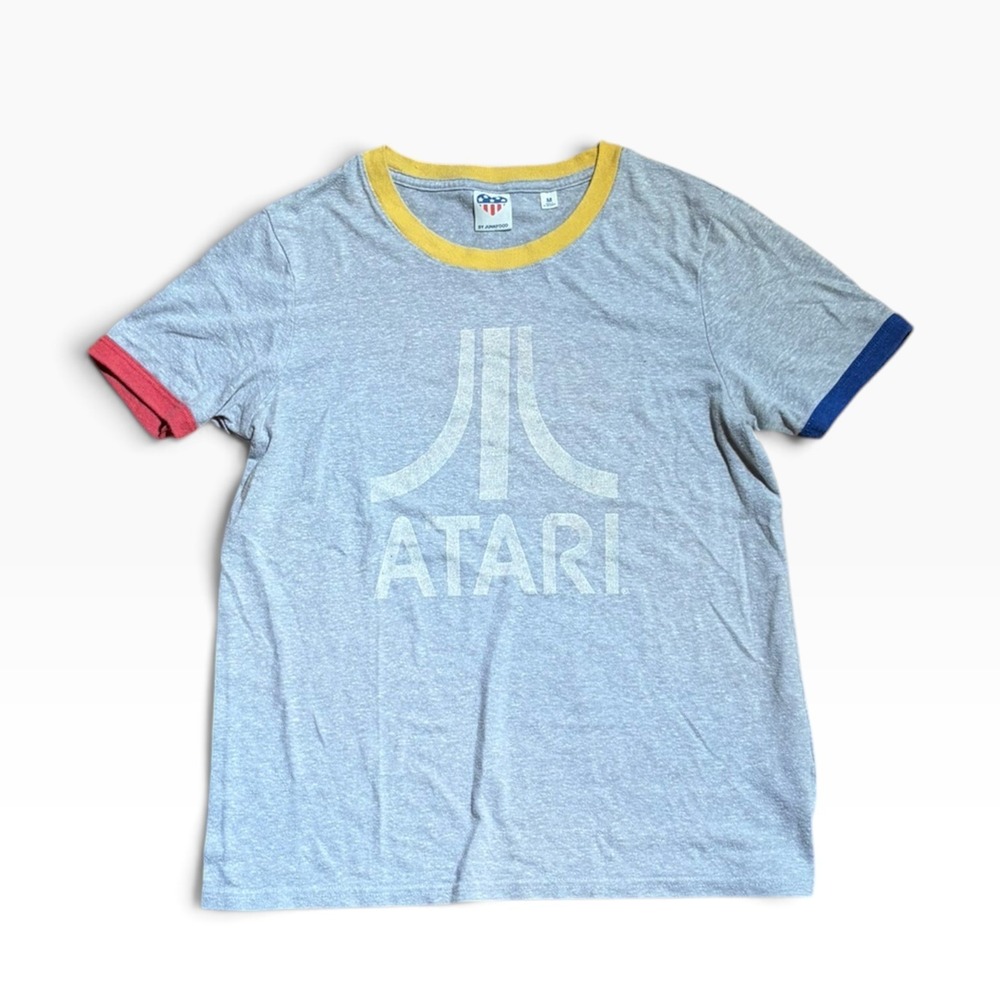 Junk Food Atari Graphic Ringer T-Shirt Gray Multi-Color Trim Mens Medium